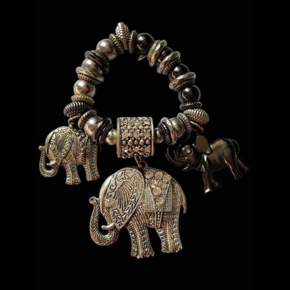 Mega Elephants Stretch Bracelet Silver Tone & Rhinestones